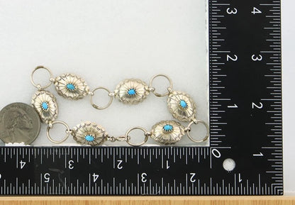 Navajo Concho Bracelet Sterling Silver Turquoise Hand Stamped Signed A.J.