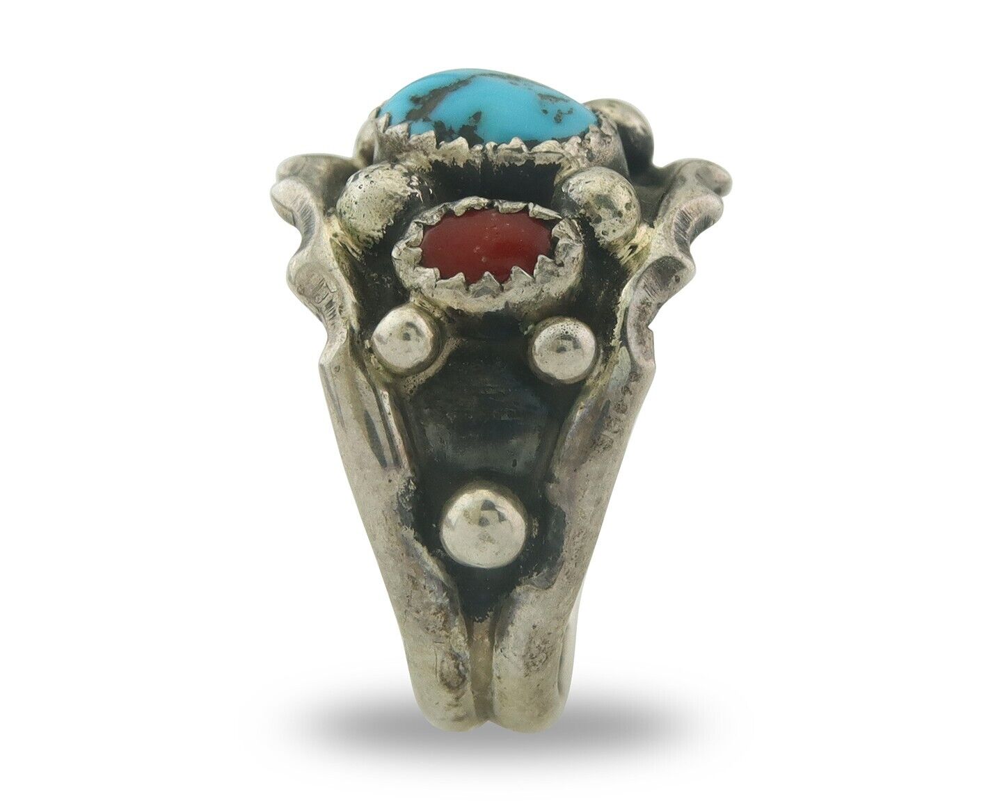Men Navajo Ring 925 Sterling Natural Coral & Turquoise Signed C C.80's Size 8.0
