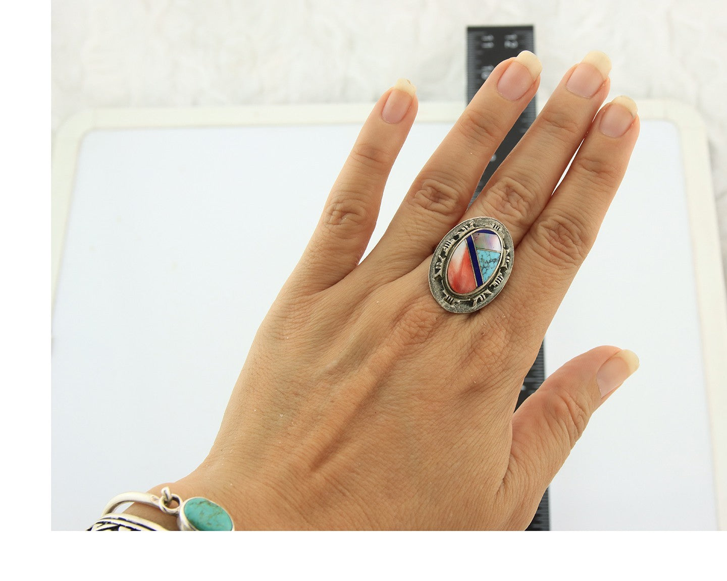 Navajo Tiwa Ring Sterling Silver Gemstone Vintage Native American Artist Sz 7.5