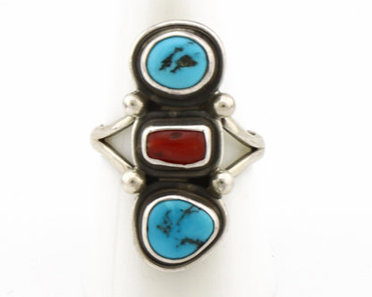 Navajo Ring 925 Silver Sleeping B Turquoise & Coral Native American Artist C.80s