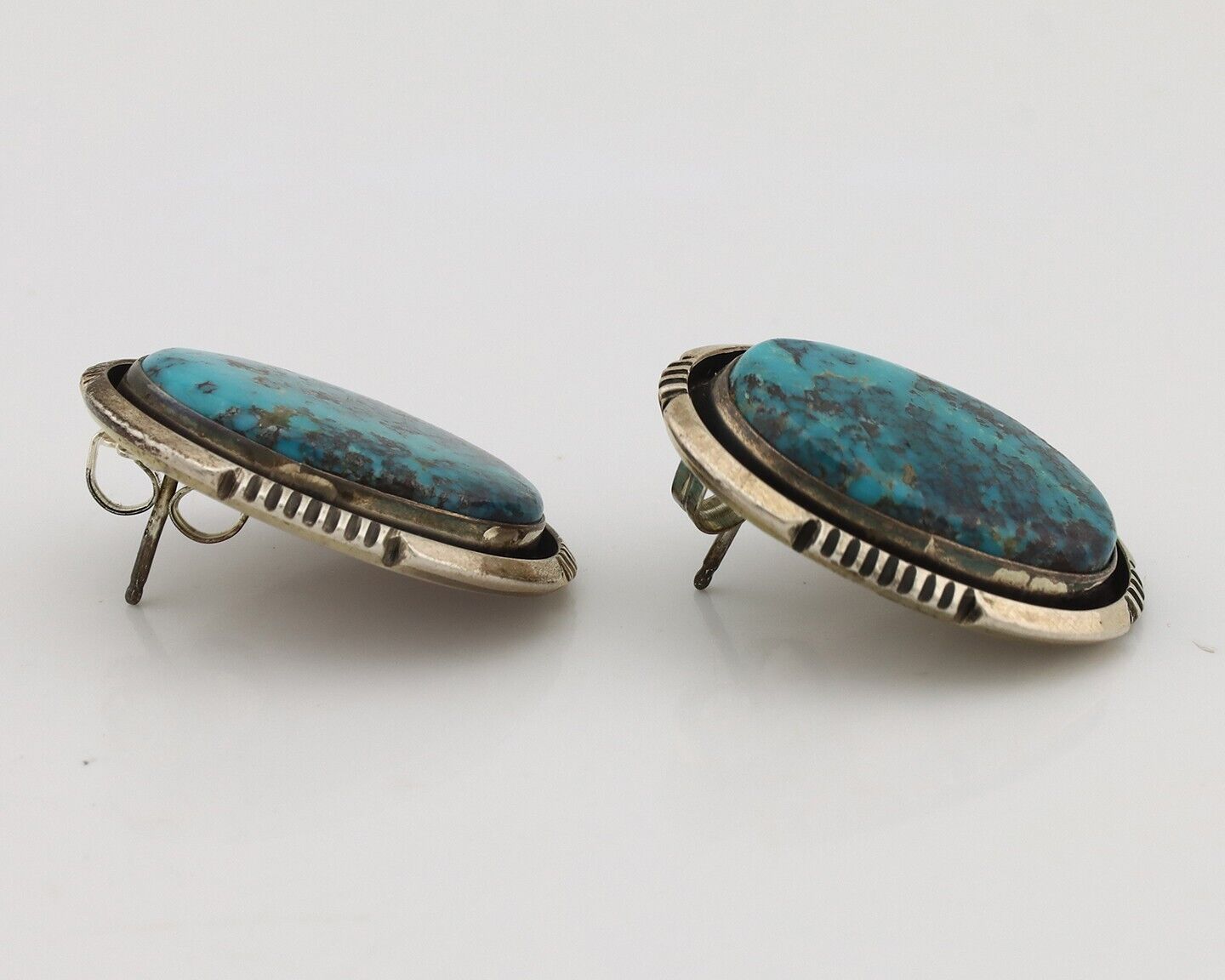 Navajo Earrings 925 Silver Natural Blue Turquoise Signed William Denetdale C.80s