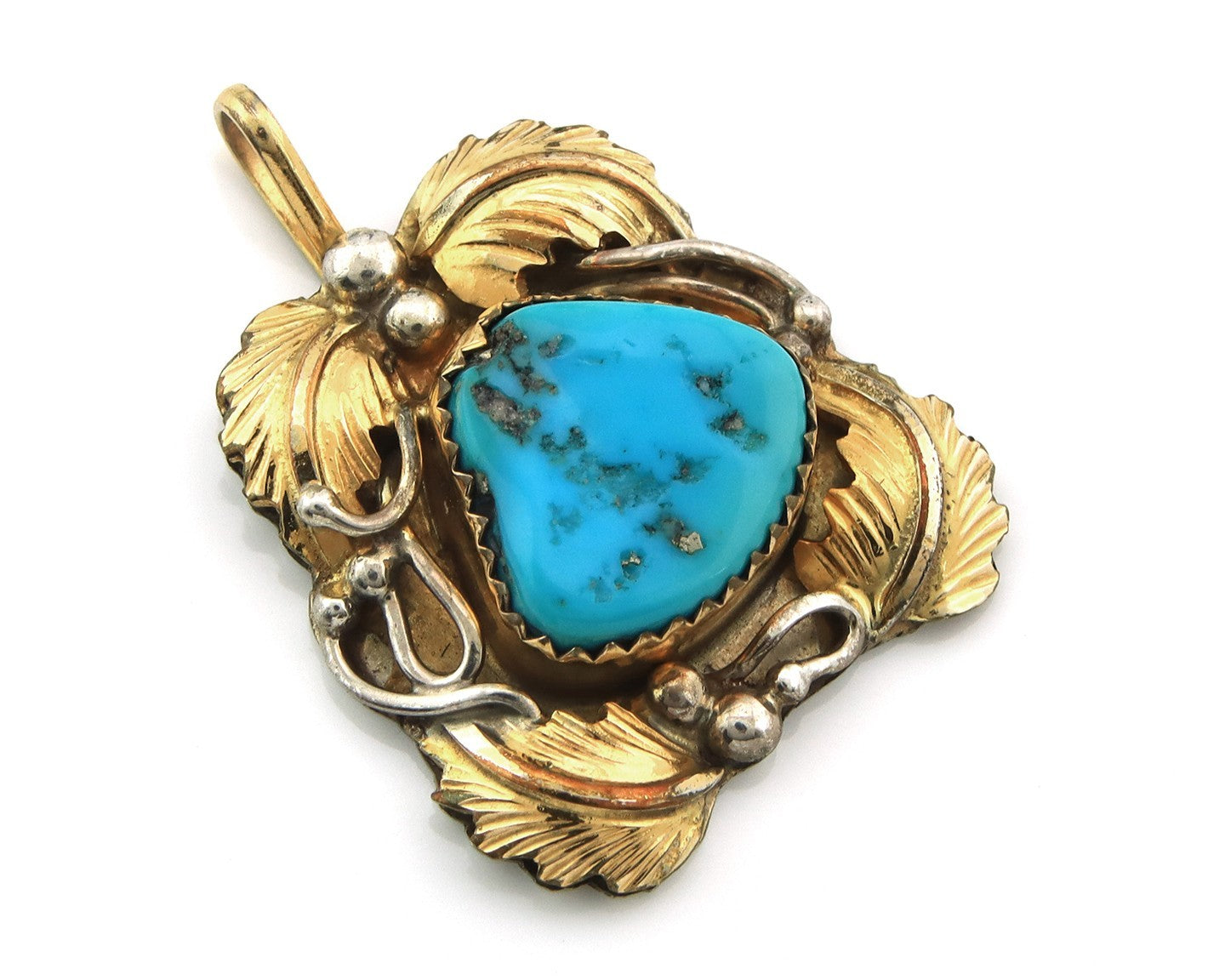 Navajo Pendant Sterling Silver & Gold Natural Blue Turquoise Signed Virgnina C