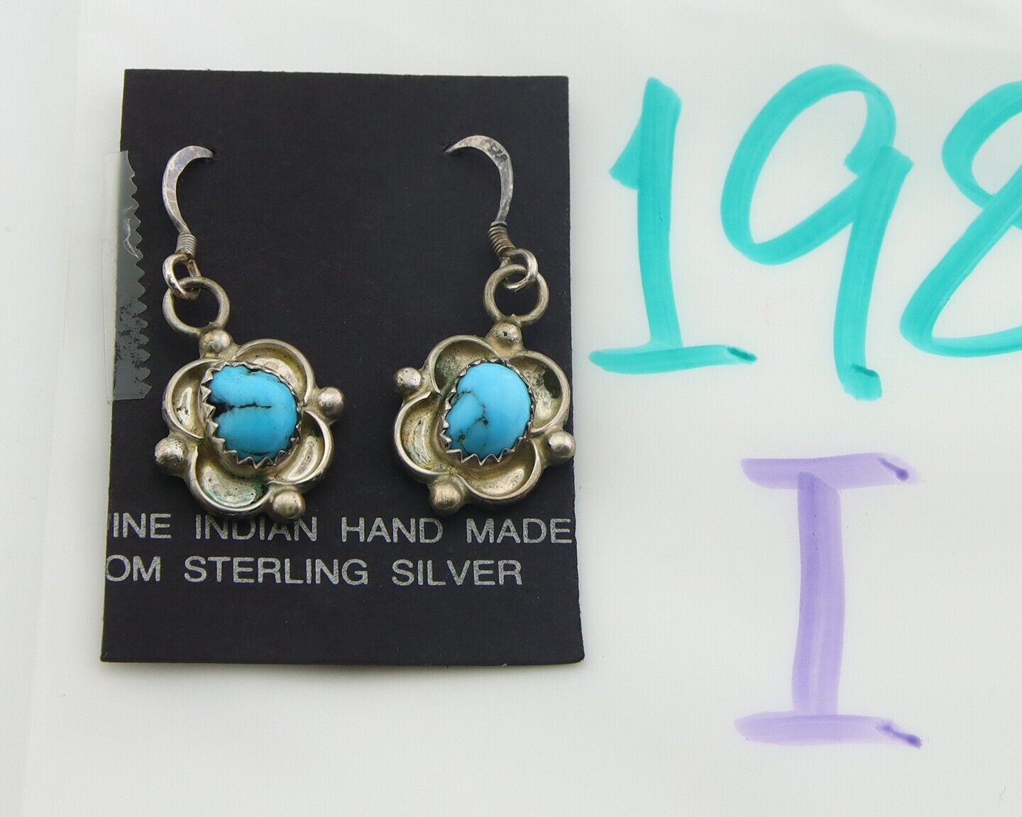 Navajo Dangle Earrings 925 Silver Natural Turquoise Artist Signed DB C.80's