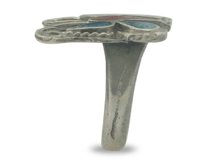 Navajo Ring 925 Silver Inlaid Butterfly Turquoise & Coral C.80's Size 5.0