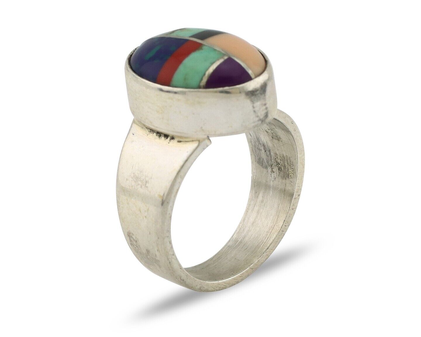 Zuni Inlaid Ring 925 Silver Mixed Natural Gemstones Native American Artist C.80s