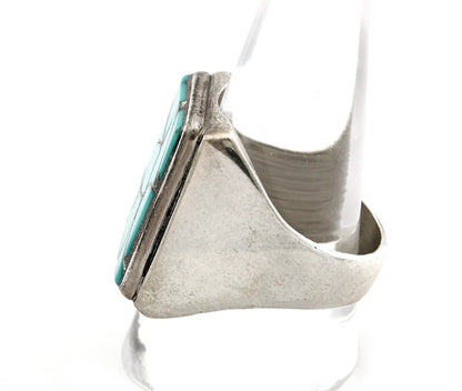 Men Zuni Ring Sterling Silver Natural Turquoise Vintage Signed ELB Size 12