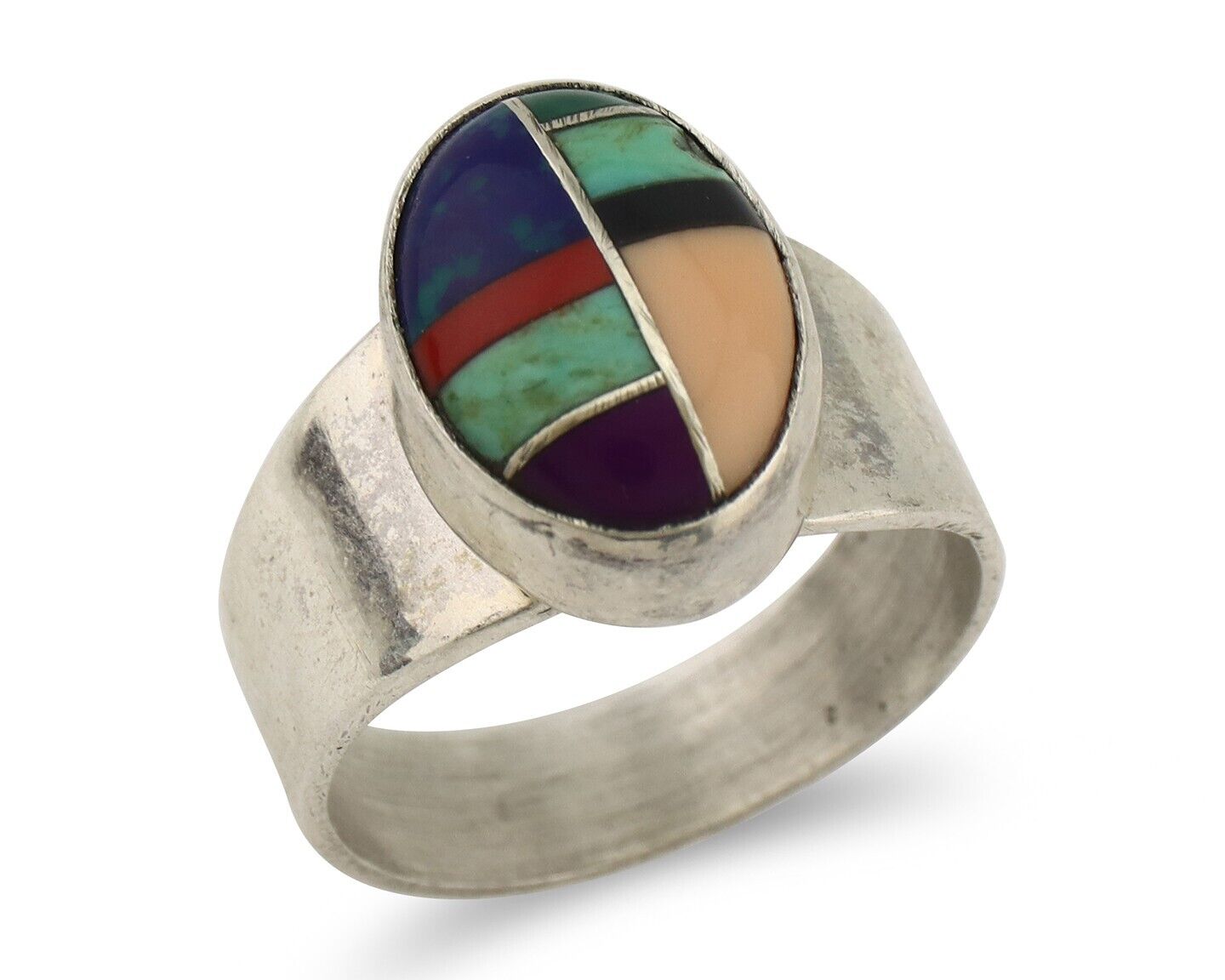 Zuni Inlaid Ring 925 Silver Mixed Natural Gemstones Native American Artist C.80s