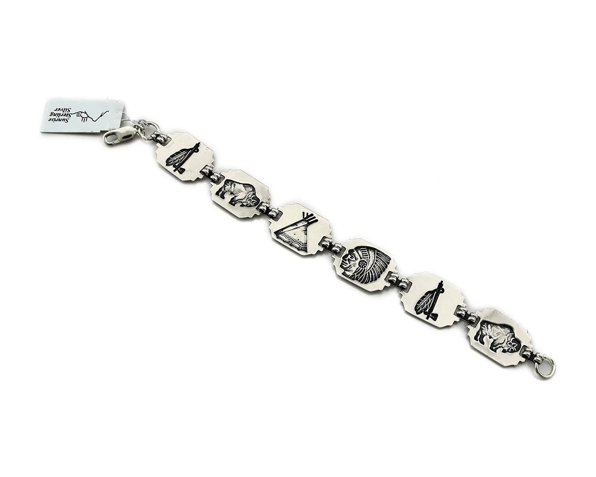 Navajo Picto Bracelet 925 Silver & Nickel Native American Artist Sunrise