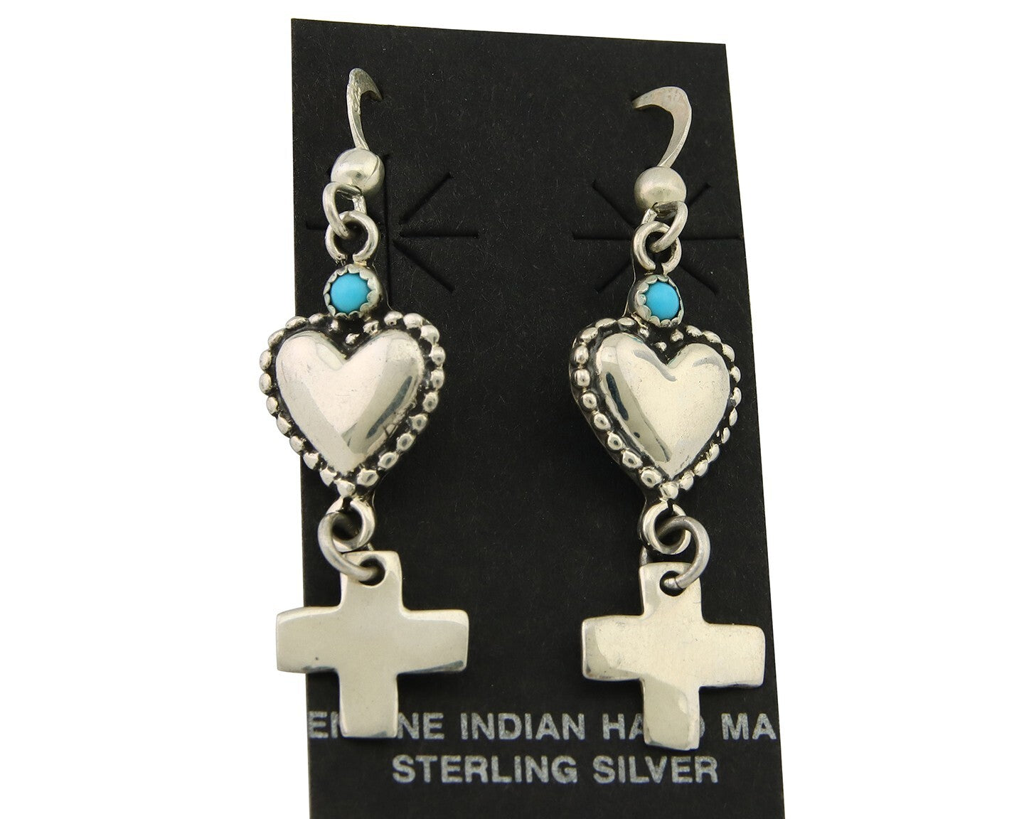Navajo Earrings 925 Silver Heart Cross Natural Turquoise Native Artist C.80's