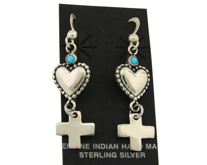 Navajo Earrings 925 Silver Heart Cross Natural Turquoise Native Artist C.80's