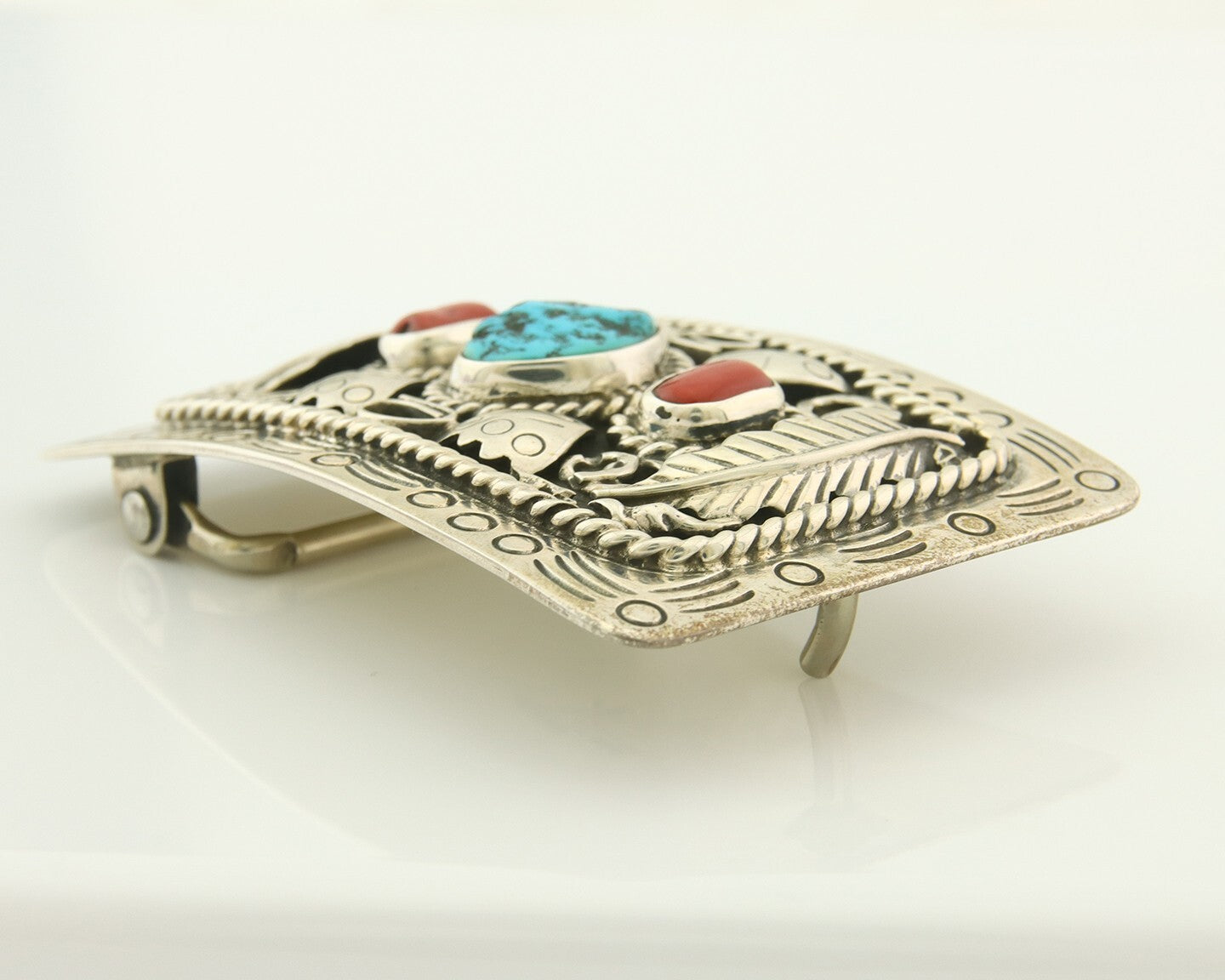 Vintage Navajo Belt Buckle 925 Silver Cluster Natural Gemstone Signed Teepee