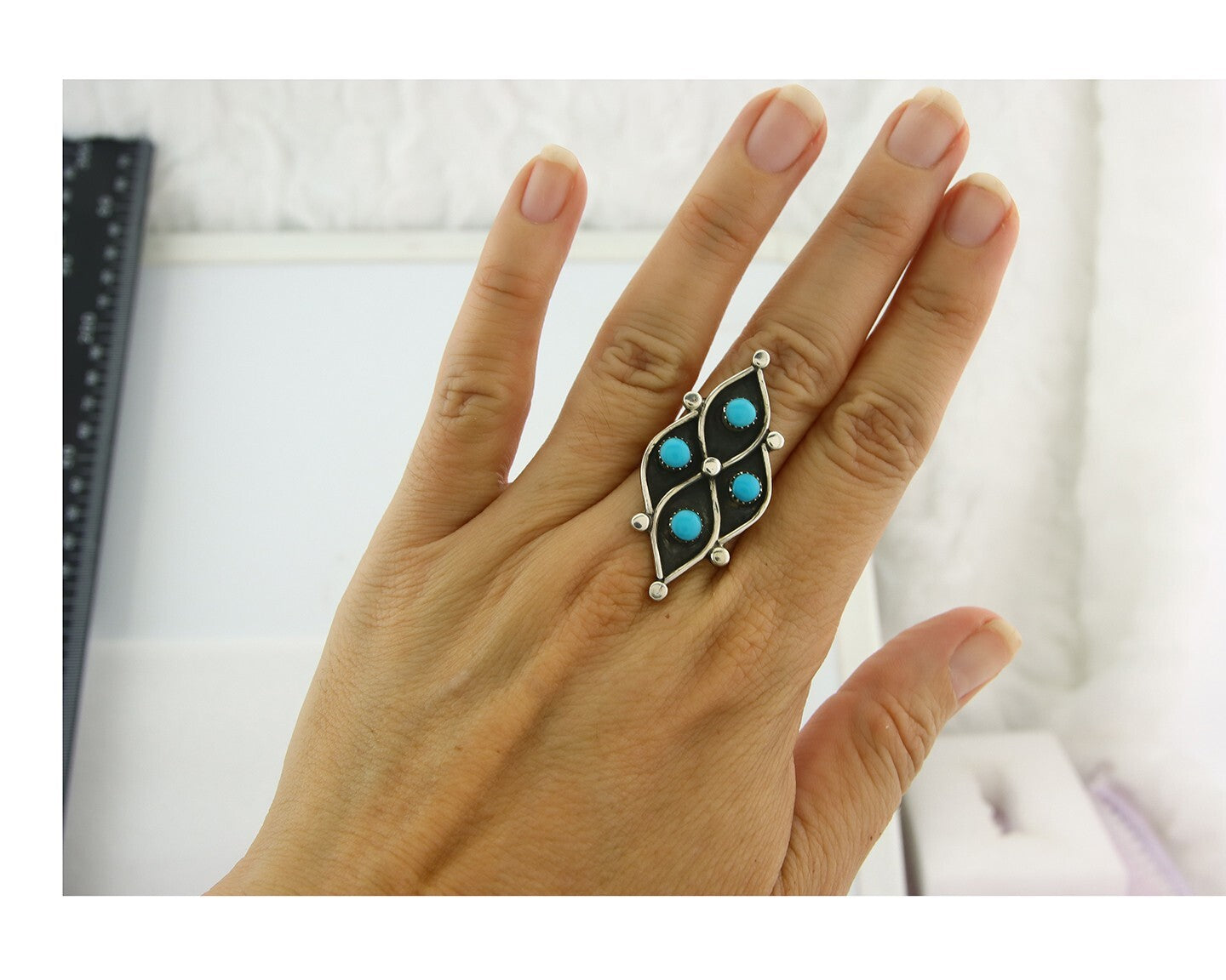 Vintage Zuni Ring 925 Sterling Authentic Natural Turquoise Native Artist Sz 8.25