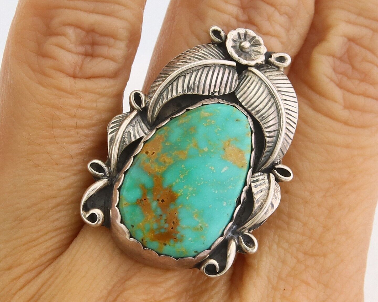 Navajo Ring 925 Sterling Natural Royston Turquoise Native Artist C.80's Size 7.0