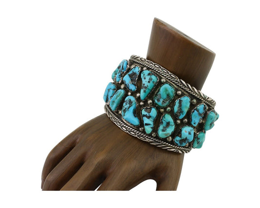 Men Navajo Cuff Bracelet 925 Silver Blue Hand Cut Turquoise Native Artist C.80's