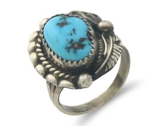 Navajo Ring 925 Sterling Natural Turquoise Native Artist C.80's Size 5.75