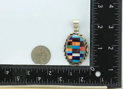 Navajo Pendant 925 Sterling Silver Natural Gemstones Vintage Signed Rabbit Stick