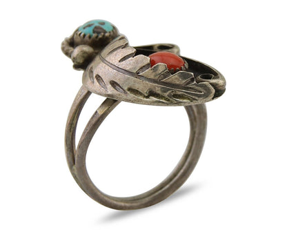 Navajo Handmade Ring 925 Silver Turquoise & Coral Native Artist C.80's