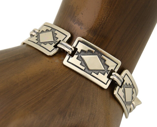 Navajo Hamdmade Link Bracelet 925 Silver Native American Artist C.80's