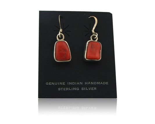 Navajo Earrings Sterling Silver Natural Red Coral Vintage Handmade Dangle