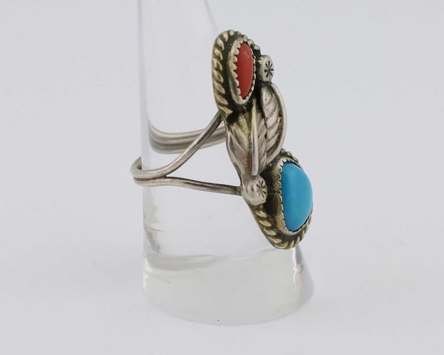 Navajo Handmade Ring 925 Silver Blue Turquoise & Coral Size 8.75 C.80's