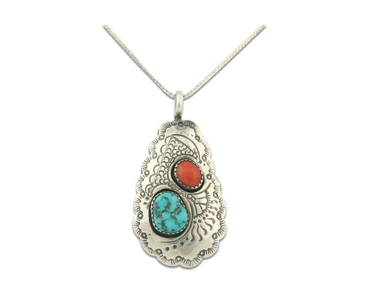 Vintage Navajo Necklace 925 Silver Turquoise & Coral Artist Signed IHMJ