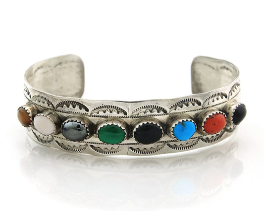 Men Navajo Cuff Bracelet Sterling Silver Natural Gemstone Vintage Signed LB