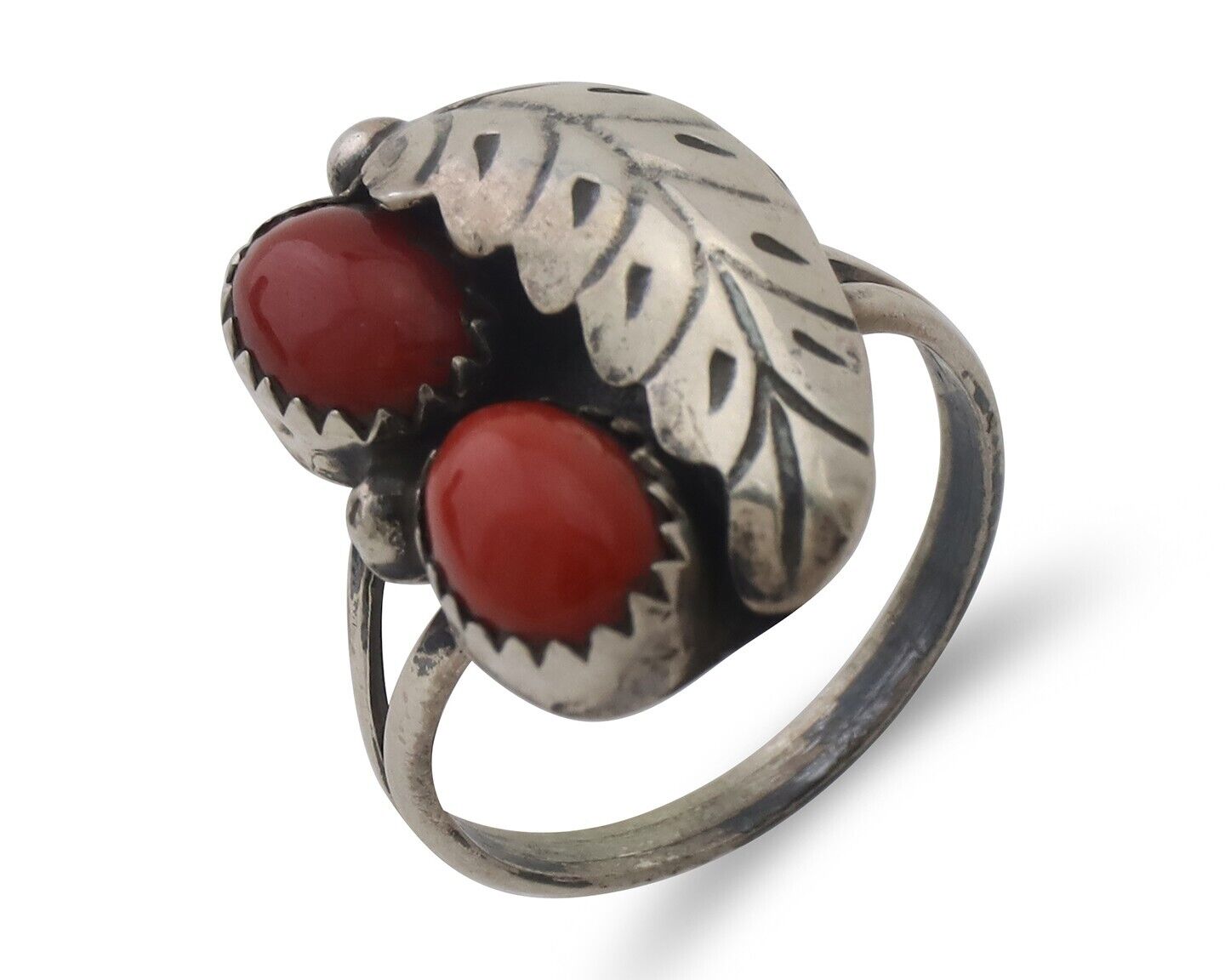 Navajo Handmade Ring 925 Silver Natural Mediterranean Coral Signed 88 C.80's