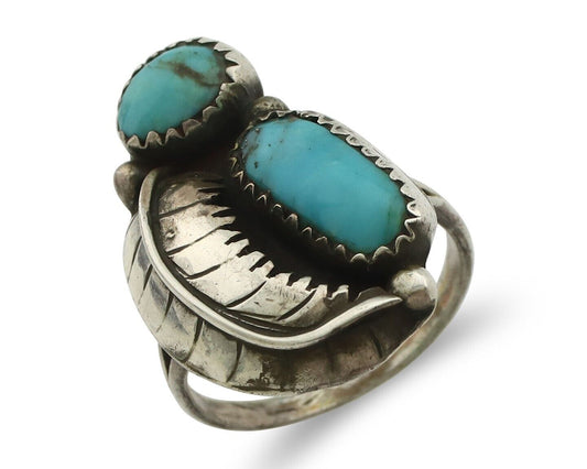 Navajo 2 Stone Ring 925 Silver Kingman Turquoise Native American Artist C.80's