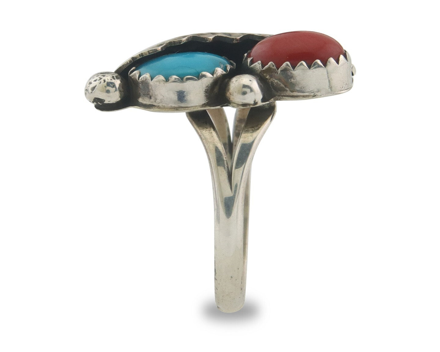 Navajo Ring 925 Sterling Natural Coral & Turquoise Signed BB C.80's Size 6.5