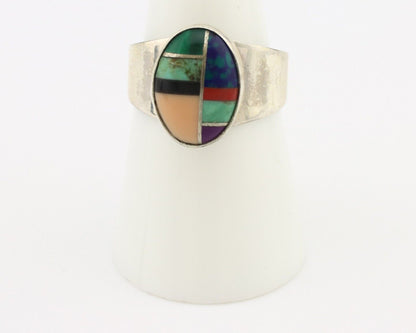 Zuni Inlaid Ring 925 Silver Mixed Natural Gemstones Native American Artist C.80s