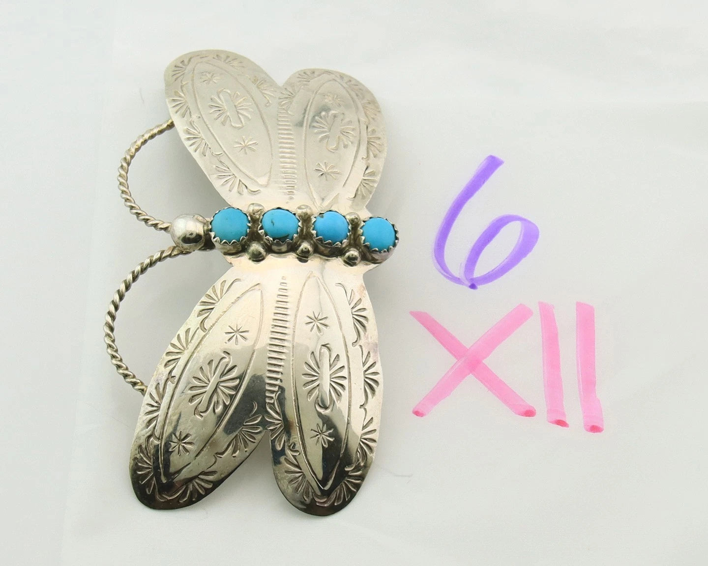 Navajo Barrette Sterling Silver Gemstones Hand Stamped Vintage Signed T Yazzie