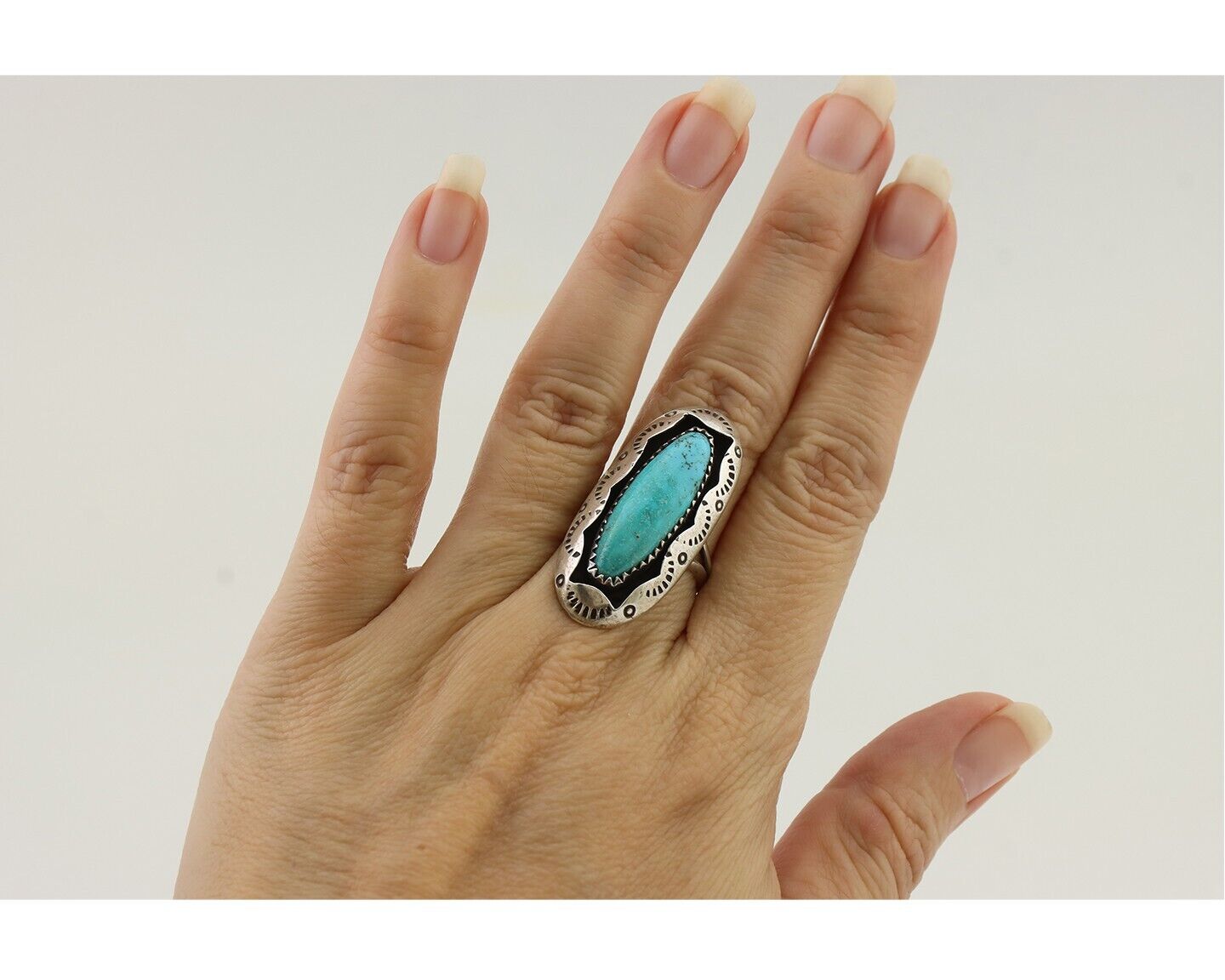 Navajo Ring 925 Silver Natural Turquoise Native American Artist Size 6.75 C.80's