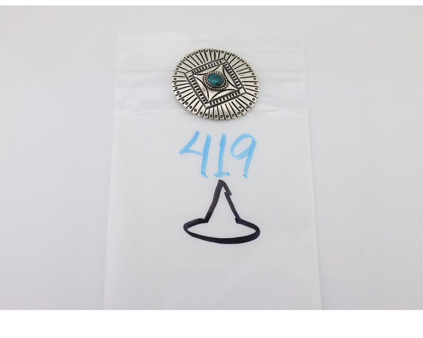 Navajo Pin 925 Silver Natural Turquoise Hand Stamped Native Artist C.80's