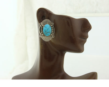 Navajo Earrings Sterling Silver Natural Turquoise Vintage Signed AM