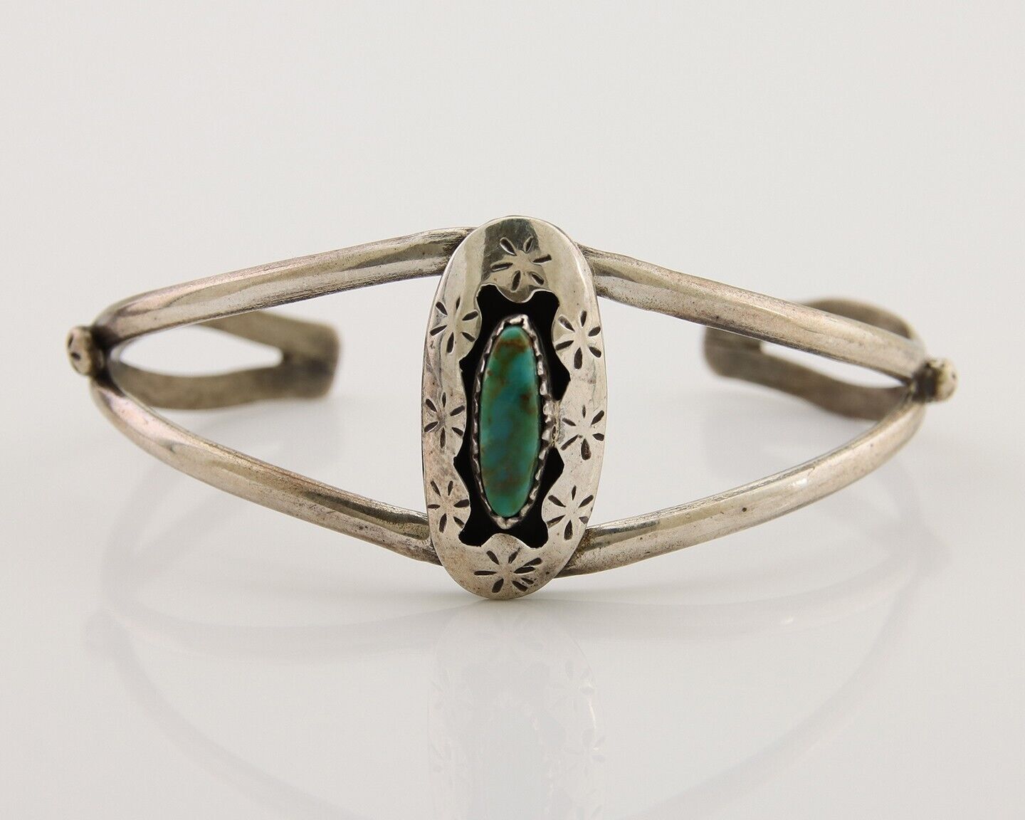 Navajo Hand Stamped Cuff Bracelet Turquoise 925 Silver Artist Signed IJC C.80's