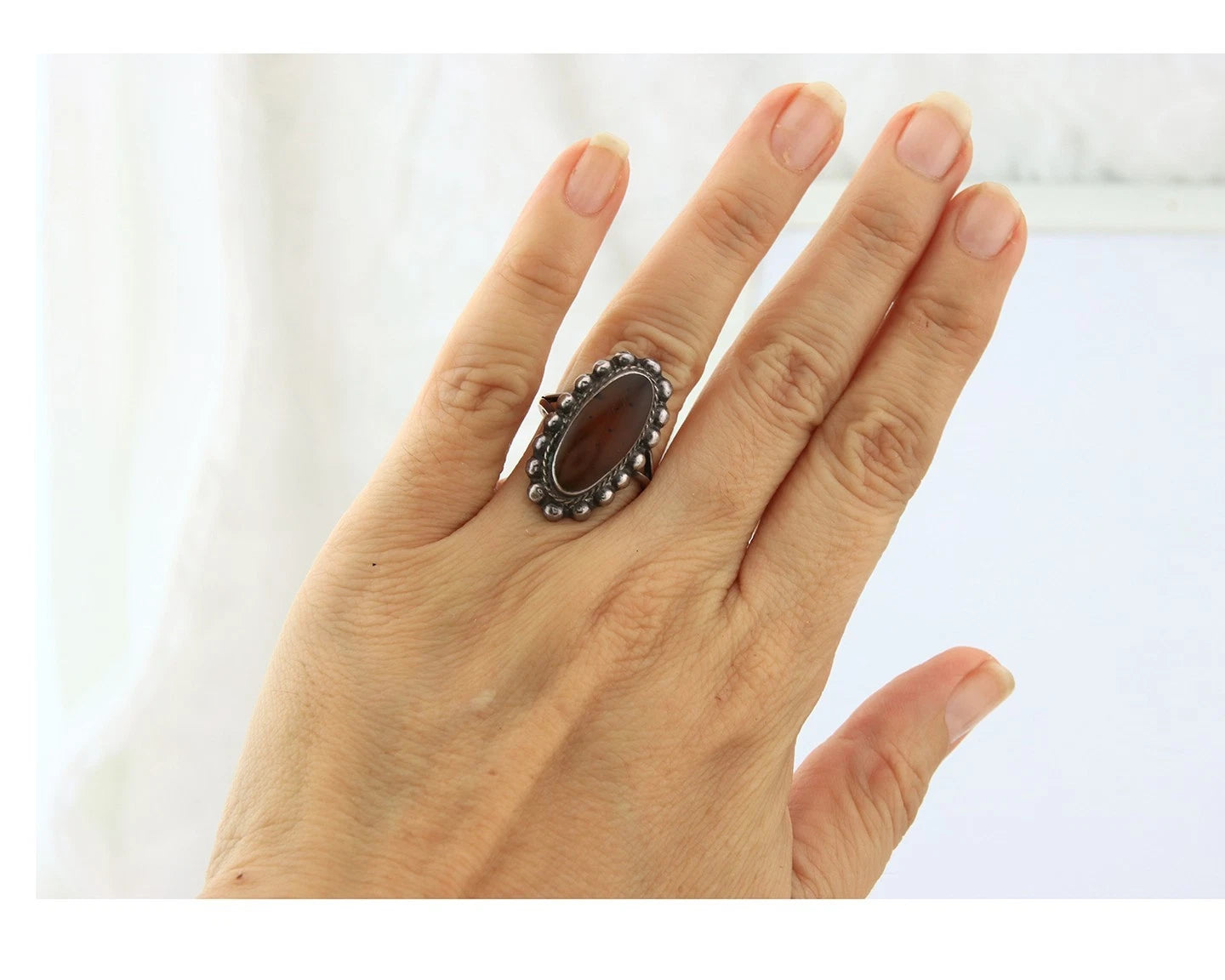 Mexico Ring Sterling Silver Natural Agate Vintage Signed TB 84 Size 5.0
