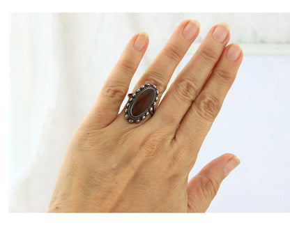 Mexico Ring Sterling Silver Natural Agate Vintage Signed TB 84 Size 5.0