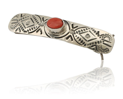 Women Navajo Hair Clip Barrette 925 Silver White Red Spiney Oyster Native Artist