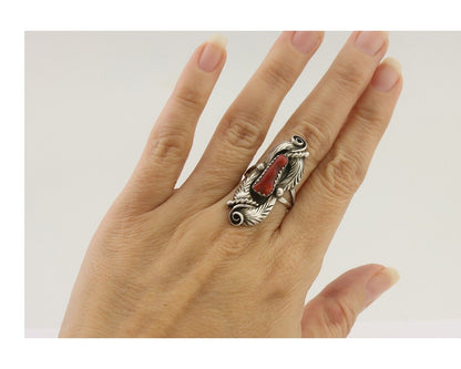 Navajo Handmade Ring 925 Silver Natural Mediterranean Coral Signed Duffy C.80's