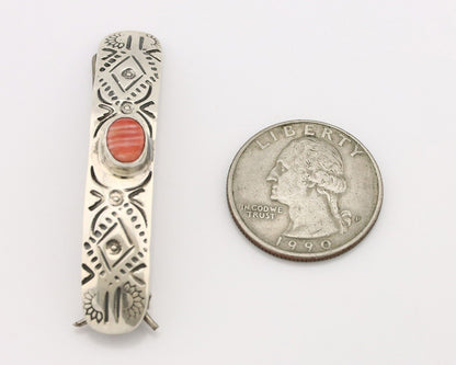 Women Navajo Hair Clip Barrette 925 Silver White Red Spiney Oyster Native Artist