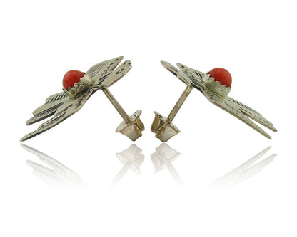 Navajo Thunderbird Earrings 925 Silver Natural Red Coral Native Artist C.80's