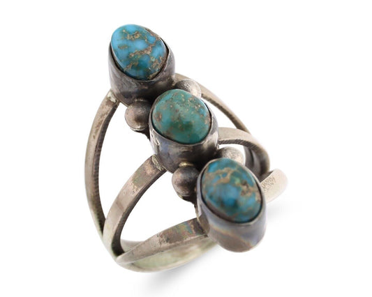 Navajo 3 Stone Ring 925 Silver Natural Turquoise Native American Artist C.80's