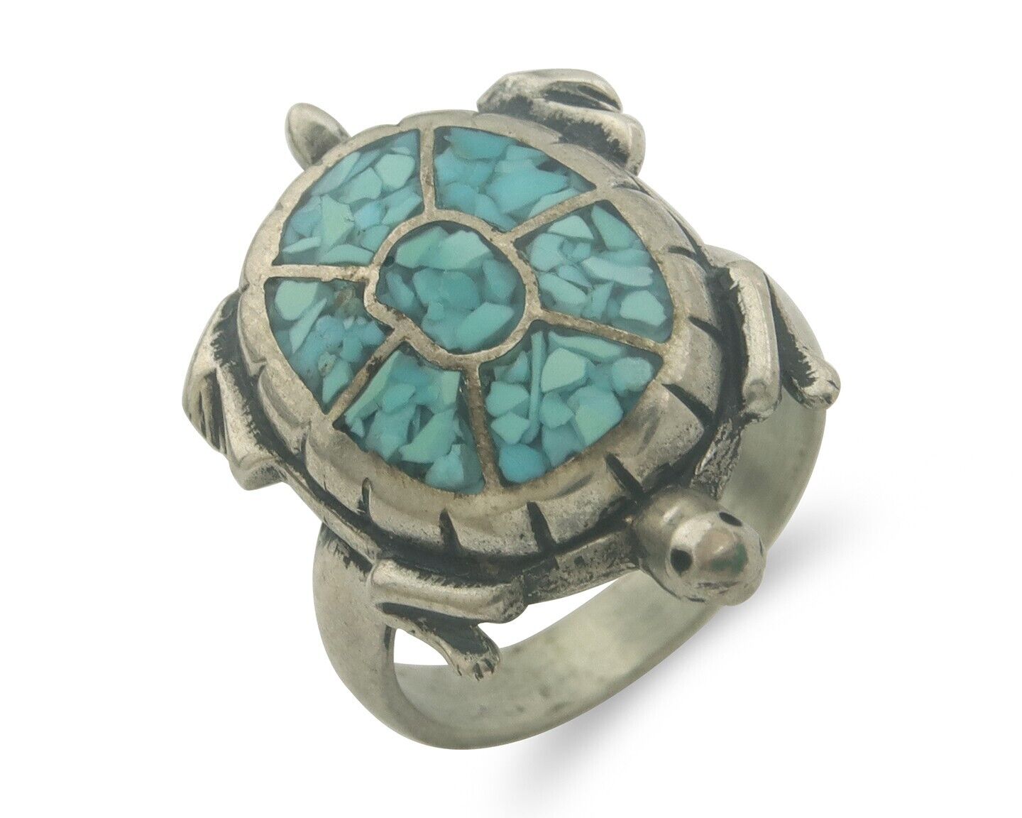 Navajo Ring 925 Silver Inlaid Turtle Turquoise C.80's Size 7.75