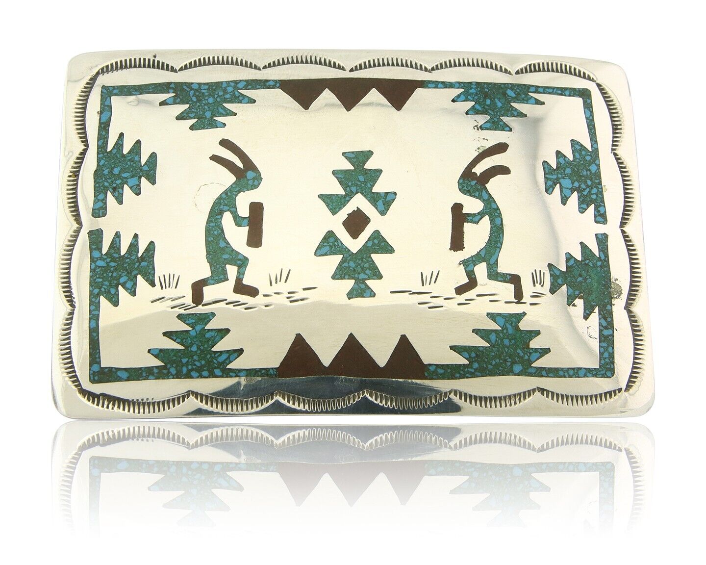 Vintage Navajo Belt Buckle 925 Silver Handmade Inlaid Gemstone Signed HB