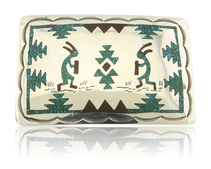Vintage Navajo Belt Buckle 925 Silver Handmade Inlaid Gemstone Signed HB