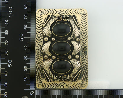 Navajo Concho Belt Buckle .999 Nickel Onyx Native American Artist 2x3 in C.80's