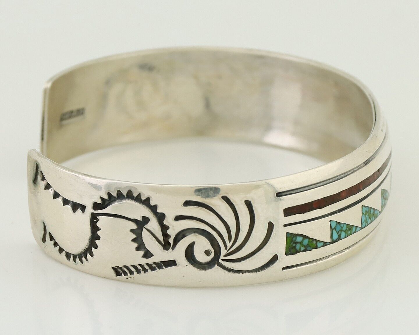 Navajo Inlay Bracelet 925 Silver Turquoise & Coral Signed Stanely Bain C.80's