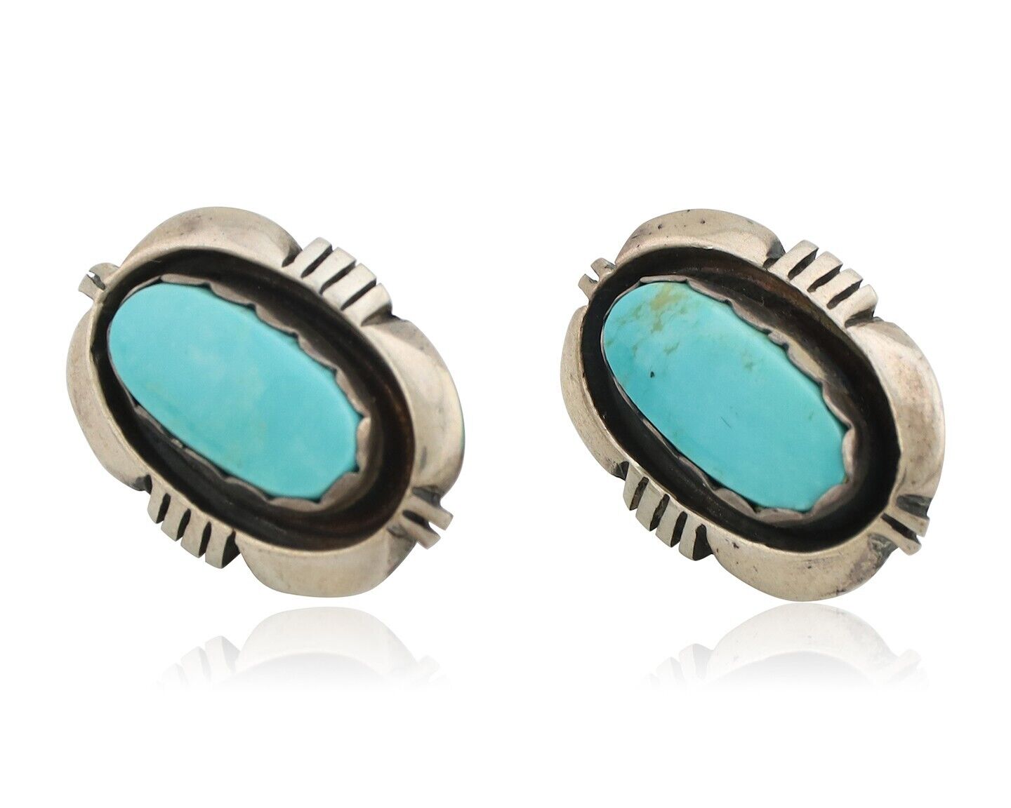 Navajo Earrings 925 Silver Natural Blue Turquoise Native American Artist C.80s