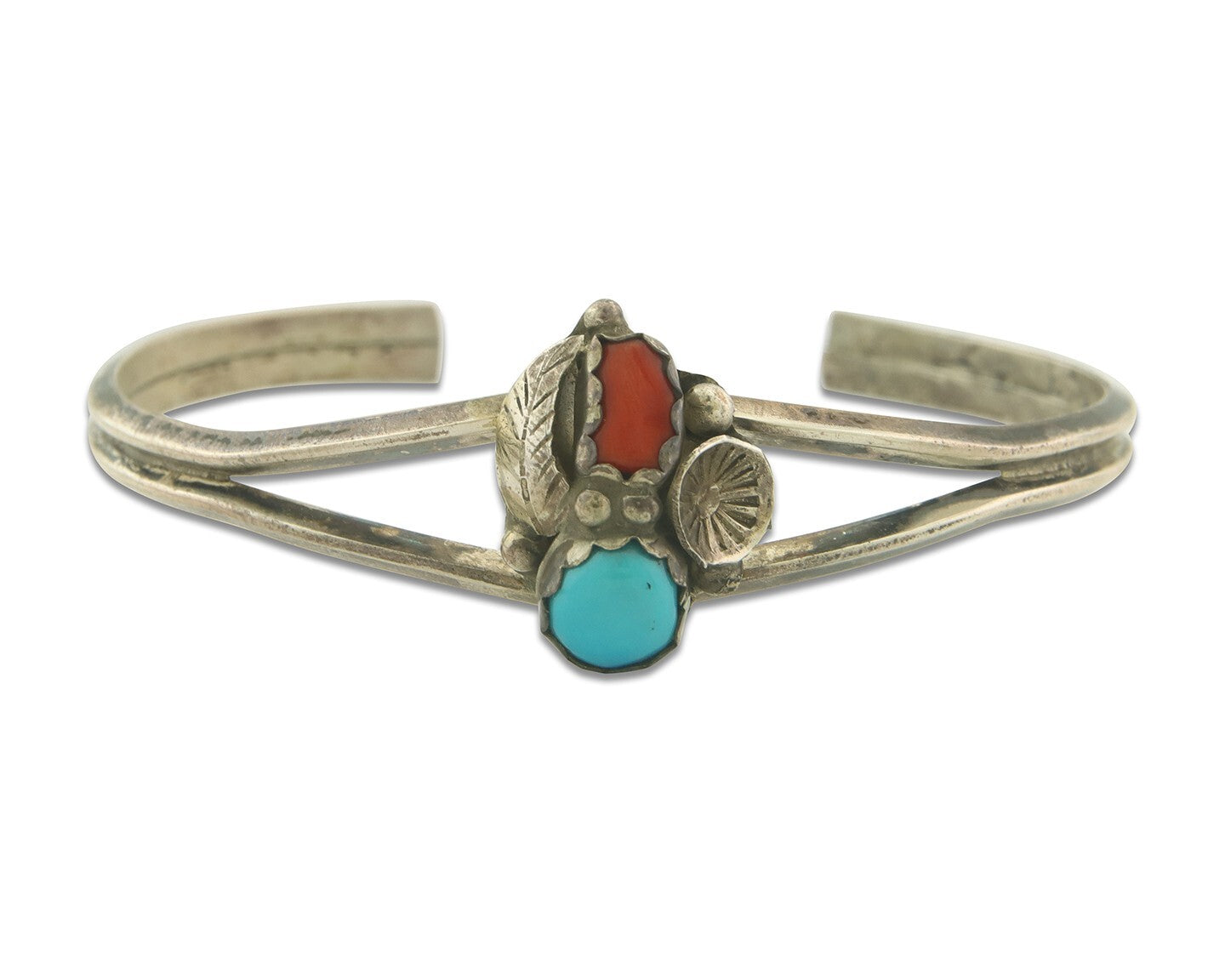 Navajo Bracelet 925 Silver Coral & Turquoise Cuff Signed C.80's