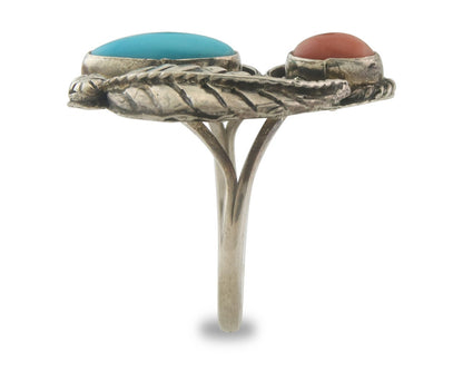 Navajo Ring 925 Sterling Natural Coral & Turquoise Signed EH C.80's Size 7.25